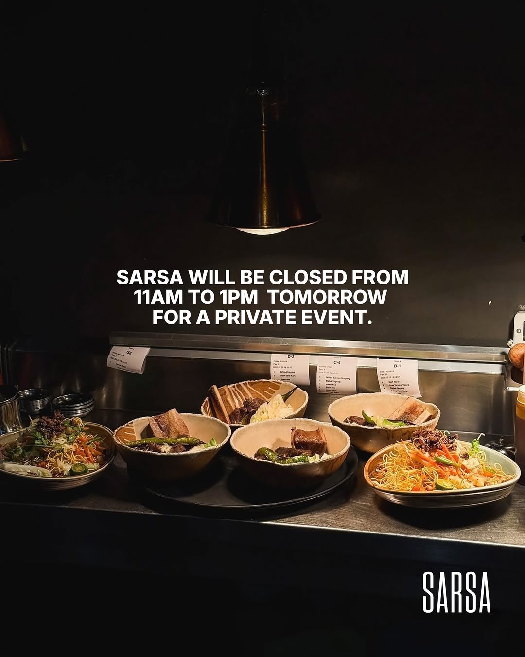 Sarsa kitchen — dishes lined up for service